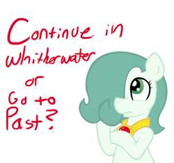 Size: 1500x1406 | Tagged: safe, artist:ficficponyfic, edit, oc, oc only, oc:emerald jewel, earth pony, pony, amulet, child, color, colored, colt, colt quest, cyoa, femboy, foal, hair over one eye, male, question mark, simple background, solo, story included, thinking, vector, white background