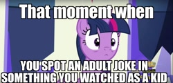 Size: 1360x652 | Tagged: safe, edit, edited screencap, screencap, twilight sparkle, twilight sparkle (alicorn), alicorn, pony, the one where pinkie pie knows, caption, childhood ruined, image macro, meme, obligatory pony, solo, surprised, throne, when x and y