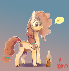 Size: 1416x1443 | Tagged: safe, artist:alumx, pear butter, earth pony, pony, the perfect pear, bottle, dialogue, female, mare, solo
