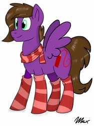 Size: 1536x2048 | Tagged: safe, artist:deejayarts, oc, oc only, oc:befish, pegasus, pony, clothes, gray background, scarf, simple background, socks, solo, spread wings, striped socks, wings