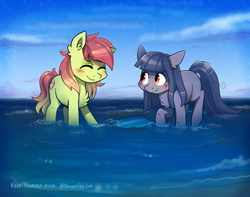 Size: 1024x806 | Tagged: safe, artist:kyaokay, oc, oc only, oc:artline, oc:cosmia nebula, earth pony, pony, beach, chest fluff, happy, ocean