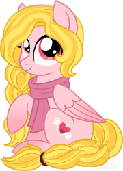 Size: 600x835 | Tagged: safe, artist:tambelon, oc, oc only, oc:smitten sweets, pegasus, pony, clothes, female, folded wings, looking at you, mare, raised hoof, scarf, simple background, sitting, solo, transparent background