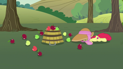 Size: 1280x720 | Tagged: safe, screencap, apple bloom, pony, honest apple, apple, basket, bushel basket, faceplant, food, hat