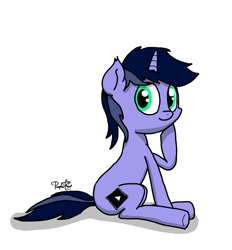 Size: 1001x1079 | Tagged: safe, artist:kimjoman, oc, oc only, oc:purple flix, pony, aggie.io, looking at you, male, sitting, solo