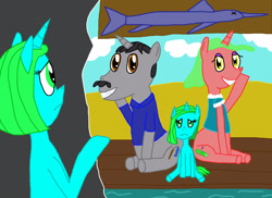 Size: 3282x2388 | Tagged: safe, artist:sb1991, oc, oc only, oc:fisher grey, oc:ocean blue, oc:slice pink, pony, beach, challenge, dock, equestria amino, looking back, marlin, parents:oc x oc