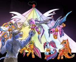 Size: 2718x2224 | Tagged: safe, artist:starfireelf15, applejack (g1), firefly, posey, sparkler (g1), surprise, twilight, minotaur, g1, g1 six, g1 to g4, generation leap, traditional art