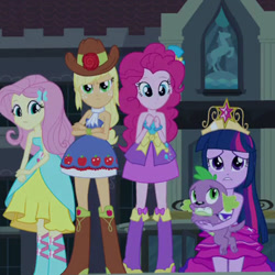 Size: 500x500 | Tagged: safe, screencap, applejack, fluttershy, pinkie pie, spike, twilight sparkle, dog, equestria girls, equestria girls (movie), angry, bare shoulders, big crown thingy, boots, bracelet, clothes, cowboy boots, cowboy hat, cropped, crossed arms, female, hat, high heel boots, jewelry, looking at you, regalia, scarf, sleeveless, spike the dog, strapless, top hat, twilight ball dress