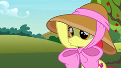 Size: 1920x1080 | Tagged: safe, screencap, apple bloom, pony, honest apple, hat, solo, sweet apple acres