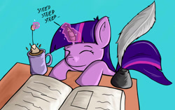 Size: 1576x988 | Tagged: safe, artist:greenfinger, twilight sparkle, pony, book, eyes closed, female, food, ink, magic, magic glow, mare, quill, smiling, solo, sweepsweepsweep, tea, teabag, telekinesis