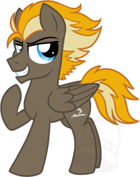 Size: 525x664 | Tagged: safe, artist:tambelon, oc, oc only, oc:dust devil, pegasus, pony, male, offspring, parent:dumbbell, parent:lightning dust, parents:lightningbell, solo, stallion, watermark