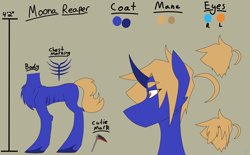 Size: 2576x1600 | Tagged: safe, artist:moonakart13, artist:moonaknight13, oc, oc only, pony, unicorn, coat markings, cutie mark, hair antenna, reference sheet, scythe, solo