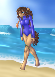 Size: 2838x4000 | Tagged: safe, artist:daf, oc, oc only, oc:latch, anthro, crab, earth pony, unguligrade anthro, angry, beach, clothes, curly hair, female, leotard, mare, ocean, one-piece swimsuit, seaweed, solo, story in the comments, swimsuit, wet mane, wetsuit