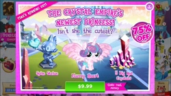 Size: 1334x750 | Tagged: safe, screencap, princess flurry heart, spike, crystal pony, dragon, pony, advertisement, costs real money, crack is cheaper, crystal empire, crystallized, cuckolding in the description, drama, gameloft, greedloft, ios, iphone, meme, official, spike statue, statue, time's running out, why gameloft why