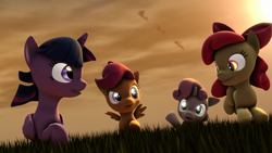 Size: 1920x1080 | Tagged: safe, artist:wiizzie, apple bloom, scootaloo, sweetie belle, twilight sparkle, twilight sparkle (alicorn), alicorn, pony, 3d, cutie mark crusaders, grass, running