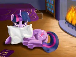 Size: 1500x1126 | Tagged: safe, artist:yukkuripalehorse, twilight sparkle, twilight sparkle (alicorn), alicorn, pony, bed, book, cute, dock, fireplace, looking at you, pillow, plot, solo, twiabetes