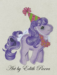 Size: 683x900 | Tagged: safe, artist:scoobylady, baby blossom, g1, bow, colored pencil drawing, hat, party hat, pencil drawing, solo, tail bow, traditional art