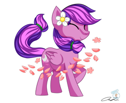 Size: 1380x1124 | Tagged: safe, artist:iheartjapan789, oc, oc only, earth pony, pony, eyes closed, female, flower, flower in hair, mare, raised hoof, simple background, solo, transparent background, wind