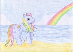 Size: 1024x722 | Tagged: safe, artist:normaleeinsane, pony, g3, beach, rainbow, rainbow swirl, solo, traditional art