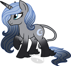 Size: 600x556 | Tagged: safe, artist:tambelon, oc, oc only, oc:crescent hue, classical unicorn, pony, unicorn, cloven hooves, female, leonine tail, mare, solo, unshorn fetlocks, watermark