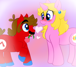 Size: 1635x1441 | Tagged: safe, artist:catimakittykat, earth pony, pony, unicorn, female, flower, male, mario, nintendo, ponified, princess peach, rose, shipping, straight, super mario bros., unshorn fetlocks