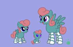 Size: 527x337 | Tagged: safe, artist:vorian caverns, oc, oc only, oc:vorian caverns, pegasus, pony, age progression, baby, baby pony, curly mane, curly tail, heterochromia, odd coloured eyes, pink hair, purple background, signature, simple background, striped legs, young