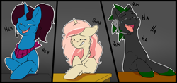 Size: 1500x710 | Tagged: safe, artist:heartscharm, oc, oc only, oc:altus bastion, oc:heart charms, oc:miko, earth pony, pony, unicorn, black background, clothes, comic, crying, desk, dialogue, earbuds, female, headset, laughing, male, mare, microphone, panel, panels, scarf, simple background, snickering, stallion, tears of joy, white outline