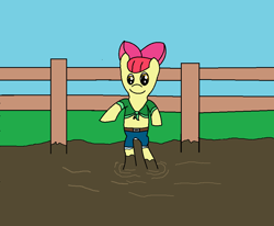 Size: 973x802 | Tagged: safe, artist:amateur-draw, apple bloom, anthro, unguligrade anthro, 1000 hours in ms paint, clothes, dirty hooves, fence, ms paint, mud, pig pen, solo