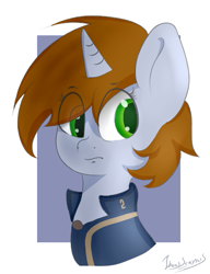 Size: 441x573 | Tagged: safe, artist:itwasscatters, oc, oc only, oc:littlepip, pony, unicorn, fallout equestria, clothes, fanfic, fanfic art, female, horn, mare, simple background, solo, vault suit