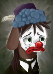 Size: 1873x2581 | Tagged: safe, artist:lucky-jacky, trouble shoes, pony, bust, clothes, clown, face paint, feather, greasepaint, hat, necktie, portrait, sad, sad clown, solo, suit