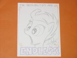 Size: 2592x1944 | Tagged: safe, artist:andypriceart, scootaloo, pegasus, pony, bust, commission, filly, gasp, open mouth, portrait, quote, sketch, solo, text, the possibilities are endless!, traditional art, vienna comic con