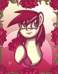 Size: 3300x4200 | Tagged: safe, artist:ladyanidraws, roseluck, pony, bouquet, flower, high res, patreon, patreon reward, rose, solo, thorns