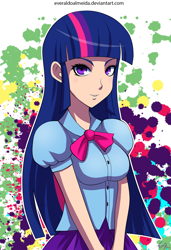 Size: 1080x1578 | Tagged: safe, artist:draftkid, twilight sparkle, human, equestria girls, equestria girls (movie), abstract background, female, human coloration, humanized, looking at you, smiling, solo