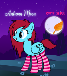 Size: 627x709 | Tagged: safe, artist:lobinchi, oc, oc only, oc:autumn moon, pegasus, pony, clothes, cutie mark, female, flower, grin, leaf, mare, moon, night, smiling, socks, solo, stars, striped socks