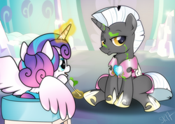 Size: 1288x916 | Tagged: safe, artist:dsana, princess flurry heart, oc, oc:scope, pony, unicorn, a flurry of emotions, commission, crystal guard, magic, male, mashed peas, spoon, stallion