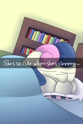 Size: 1440x2160 | Tagged: safe, artist:supercoco142, bon bon, sweetie drops, bed, blanket, book, bookshelf, eyes closed, pillow, prone, sleeping, snapchat, solo