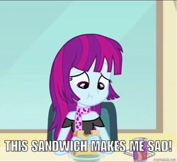 Size: 750x684 | Tagged: safe, edit, edited screencap, screencap, mystery mint, equestria girls, cafeteria, caption, female, food, image macro, meme, sad, sandwich, solo