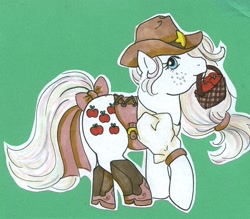 Size: 636x556 | Tagged: safe, artist:skypinpony, applejack (g1), g1, apple, basket, boots, clothes, cowboy boots, cowboy hat, food, hat, mouth hold, sheriff, solo, traditional art