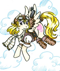 Size: 587x688 | Tagged: safe, artist:skypinpony, lofty, g1, art trade, boots, clothes, cloud, flying, goggles, hat, markers, scarf, solo, steampunk, traditional art