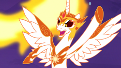 Size: 1920x1080 | Tagged: safe, screencap, daybreaker, alicorn, pony, a royal problem, armor, female, fire, happy, it happened, mane of fire, mare, open mouth, smiling, solo