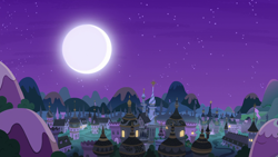 Size: 1920x1080 | Tagged: safe, screencap, pony, a royal problem, background, canterlot, clear with periodic sky, moon, night, no pony, scenery