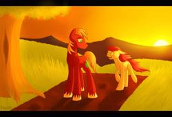 Size: 2800x1900 | Tagged: safe, artist:thebluedreammaker, apple bloom, big macintosh, pony, brother and sister, female, loose hair, male, missing accessory, path, running, siblings, sunset, tree, windswept mane