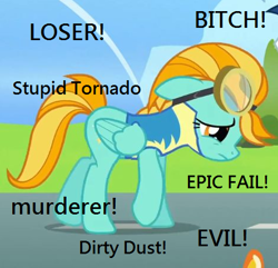 Size: 470x454 | Tagged: safe, edit, edited screencap, screencap, lightning dust, pegasus, pony, abuse, background pony strikes again, downvote bait, dustabuse, edgy, image macro, lightning dust drama, meme, op is a cuck, op is trying to start shit, sad, solo, text, vulgar