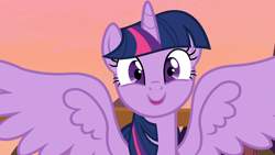 Size: 1920x1080 | Tagged: safe, screencap, twilight sparkle, twilight sparkle (alicorn), alicorn, pony, a royal problem, cute, happy, shrunken pupils, smiling, solo, spread wings, twiabetes, twilight stalker, wings