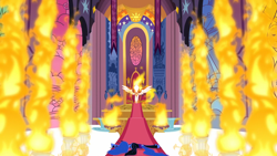 Size: 1920x1080 | Tagged: safe, screencap, daybreaker, nightmare moon, alicorn, pony, a royal problem, awesome, fire, majestic, pillar of burnination, stained glass, this will end in fire, throne, throne room