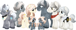 Size: 1280x507 | Tagged: safe, artist:tambelon, oc, oc only, oc:cashmere, oc:pashmina, oc:platinum crest, oc:rose gold, oc:stainless steel, oc:steel wool, oc:sterling silver, oc:titanium shield, crystal pony, pony, bandana, base used, family, female, filly, male, mare, offspring, parent:oc:rose gold, parent:oc:steel wool, scar, siblings, stallion