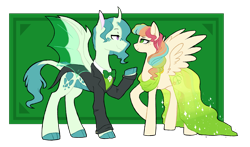 Size: 2708x1588 | Tagged: safe, artist:azure-art-wave, oc, oc only, oc:boston, oc:iris, hybrid, pegasus, pony, clothes, dress, female, male, mare, stallion, tuxedo