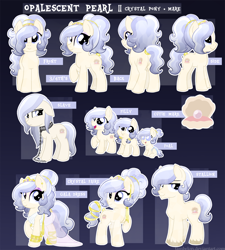 Size: 1500x1664 | Tagged: safe, artist:tambelon, oc, oc only, oc:opalescent pearl, crystal pony, pony, chains, clothes, collar, dress, female, filly, jewelry, mare, reference sheet, rule 63, solo