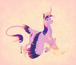 Size: 1434x1215 | Tagged: safe, artist:thiscrispykat, twilight sparkle, twilight sparkle (alicorn), alicorn, classical unicorn, pony, cloven hooves, colored wings, colored wingtips, flying, hoers, leonine tail, multicolored hair, multicolored wings, older, solo, tail feathers, unshorn fetlocks