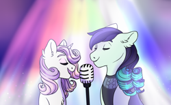 Size: 1300x800 | Tagged: safe, artist:silcybell, coloratura, sweetie belle, clothes, dress, duet, duo, eyes closed, microphone, older, performance, rara, singing