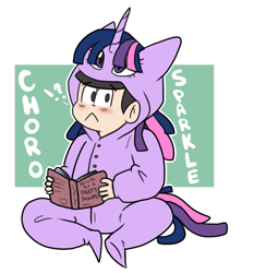 Size: 855x918 | Tagged: safe, artist:regkitty, twilight sparkle, human, abstract background, choromatsu, clothes, cosplay, costume, crossover, exclamation point, female, interrobang, kigurumi, question mark, reading, solo